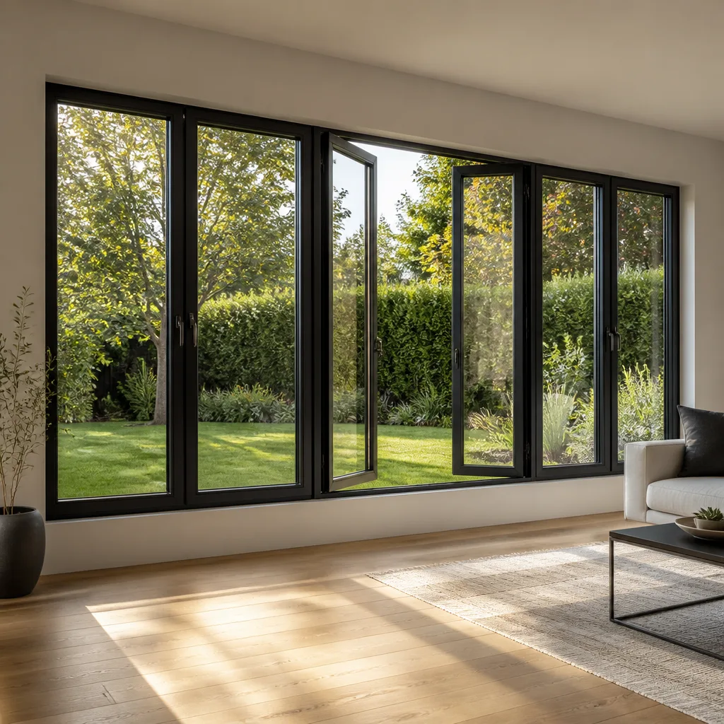Modern black-framed glass window and door installation in a living room.