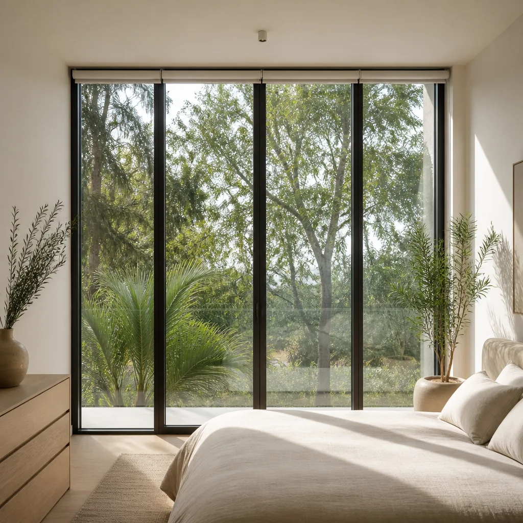 Modern floor-to-ceiling glass patio door installation in a minimalist bedroom